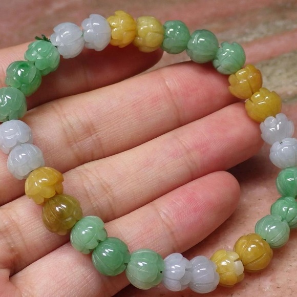 Certified 3 Color Natural A JADE Jadeite Lotus Flower Beads Bangle Bracelet - Picture 4 of 9